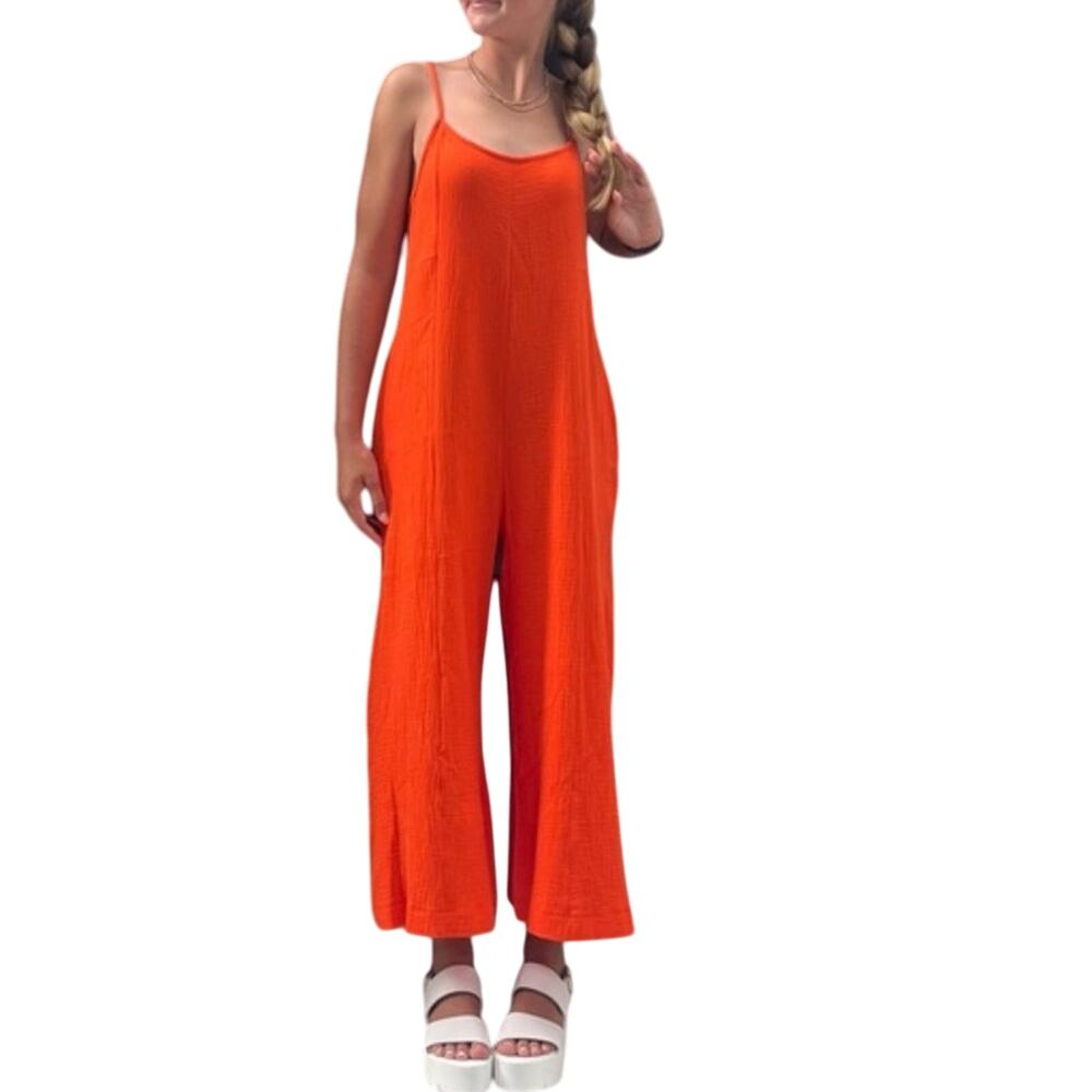 Bucket List Orange Ribbed Wide Leg Jumpsuit Womens L Casual Fall Cozy Boho